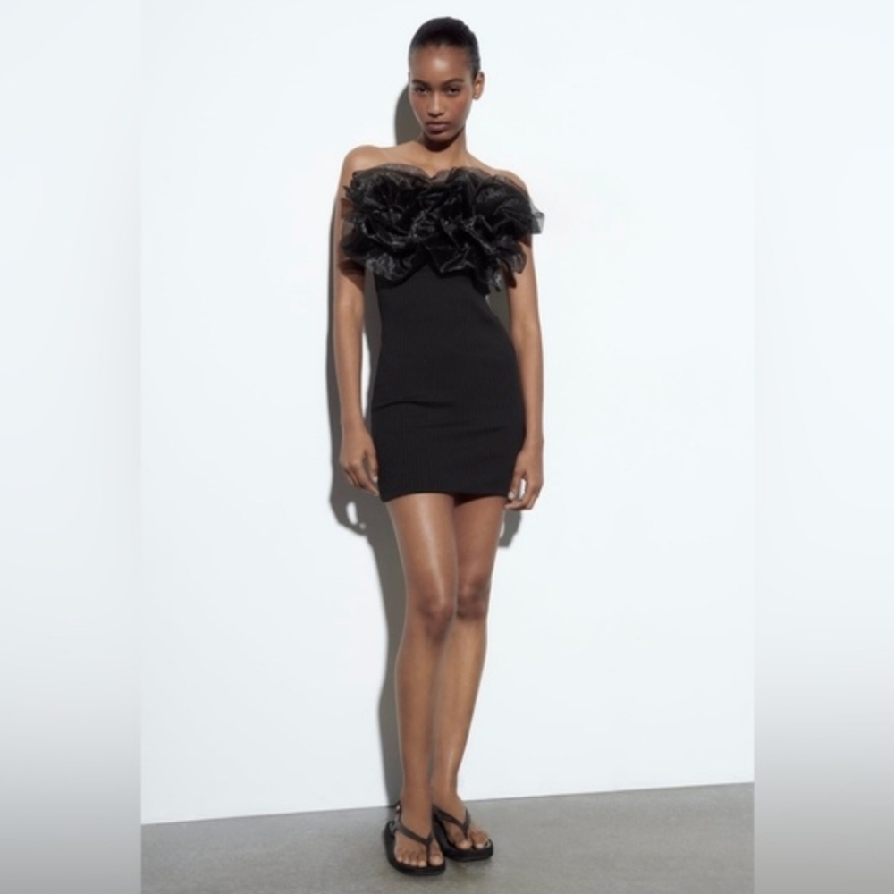 Zara Rib Organza Strapless Black Dress Size Medium